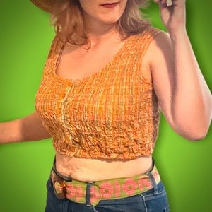 Vintage 90s orange plaid crop tank top with buttons down front size large